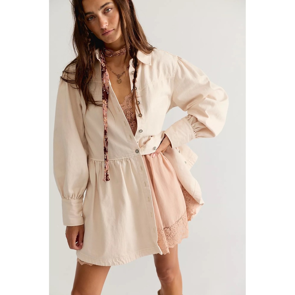 Free People Marris Mini Dress Cream Denim Button Front Puff Sleeve Large NWOT